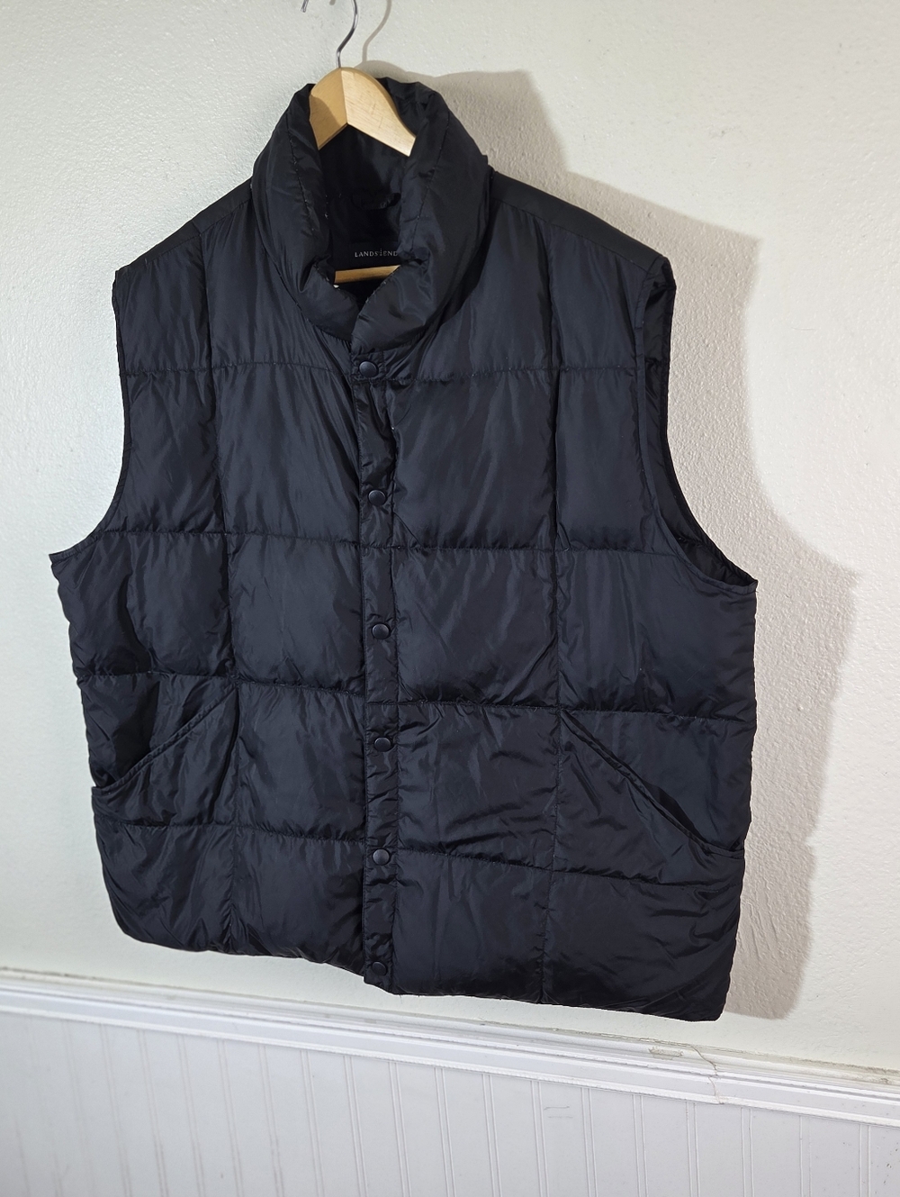 Lands End Mens XL Down Puffer Vest Black Full Snap Winter Lightweight Outdoor - Picture 2 of 11